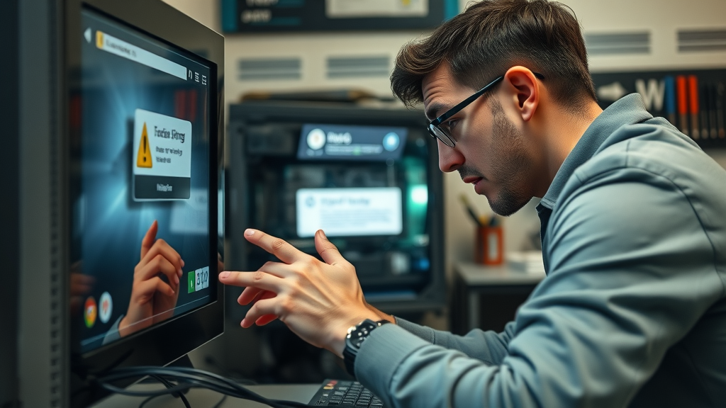 close-up desktop computer error alerts user checking pc hardware connections visible warning icons maintenance program