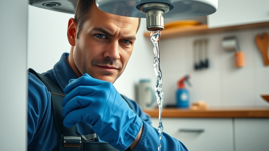 Plumber fixing kitchen pipe leak under sink, plumbing repair in action.