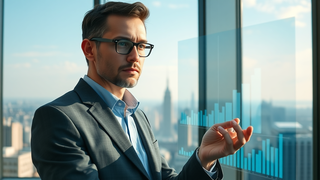 ambitious marketing executive, reviewing rising digital marketing analytics on a futuristic transparent screen, ai marketing analytics, digital marketing today with ai chat