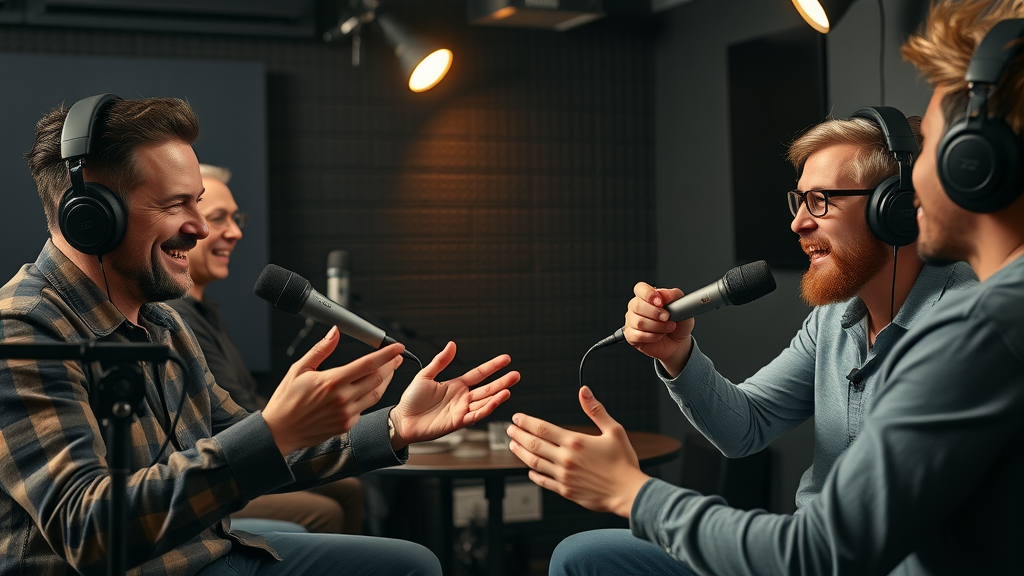 content marketing for tech startups: creative team recording podcast in a tech-filled podcast studio, engaging conversation with microphones