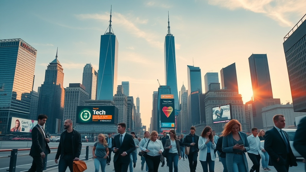 Manhattan skyline dawn with tech billboards and professionals - local SEO for New York tech businesses