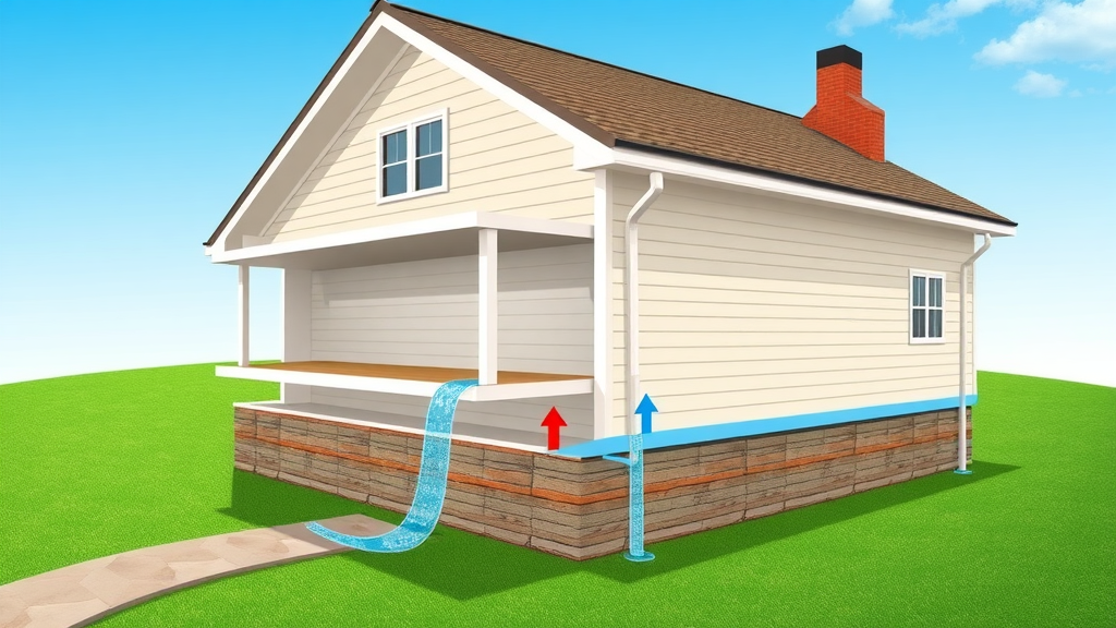 house cutaway diagram showing clean gutters, water flow safely away from foundation
