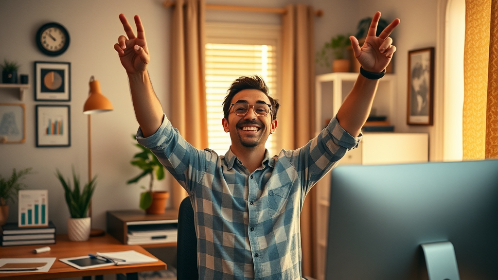 Successful remote marketer celebrating sales growth from home office