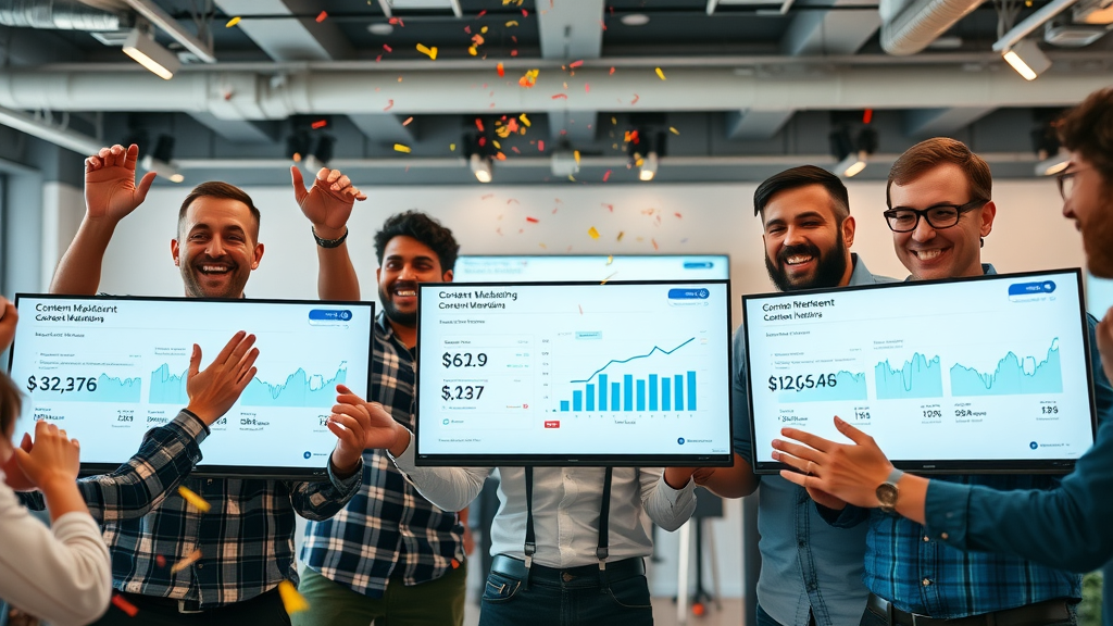 startup teams celebrating content marketing results on analytic dashboards - content marketing for technology startups