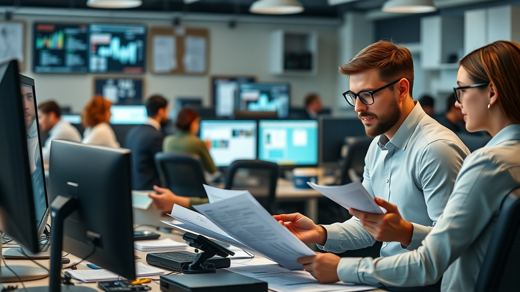 informative editorial office, journalists collaborating, newsroom, data screens, editorial analysis, no disfigured faces or text