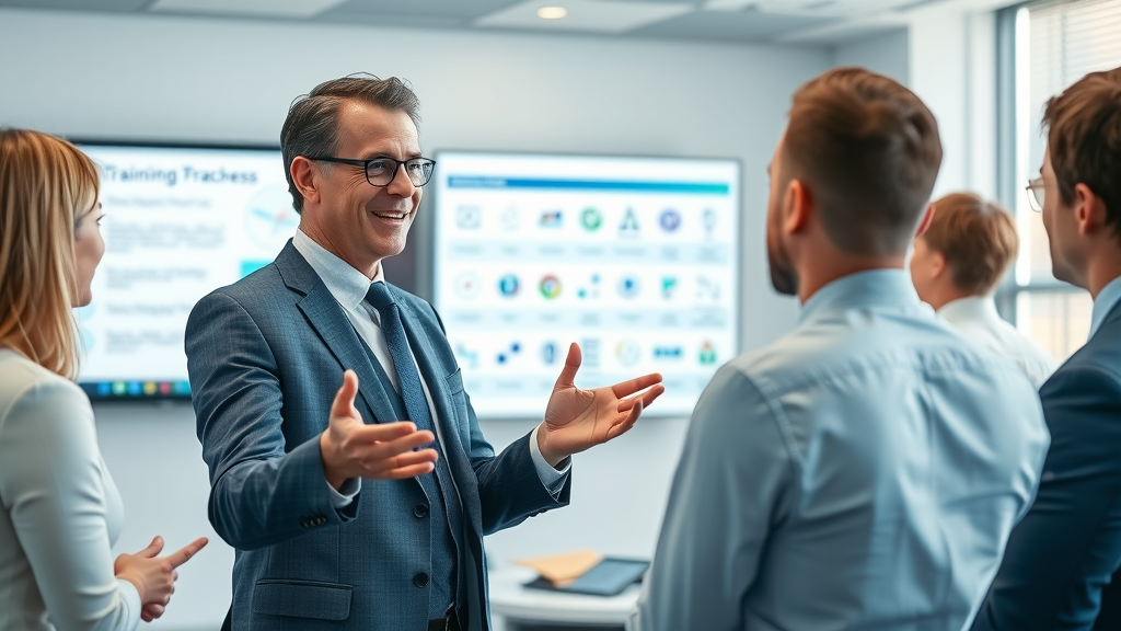 sales manager training team on leveraging ai tools for customer engagement and sales, digital presentation, checklist, process chart, business attire