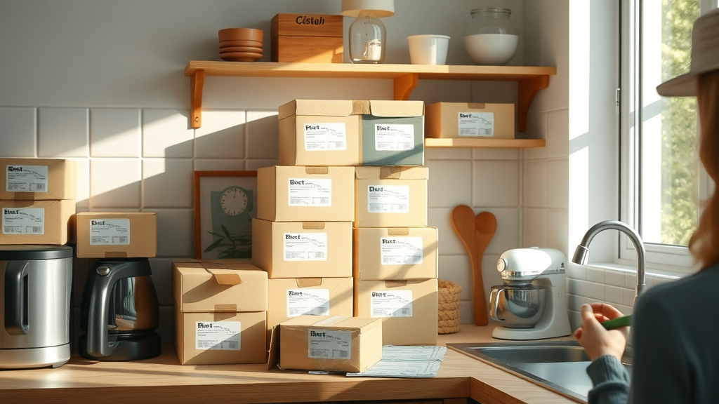 Organized kitchen, with labeled moving boxes, small appliances, and moving day checklist on the counter. Sunlight, tidy space for local moving company preparation.