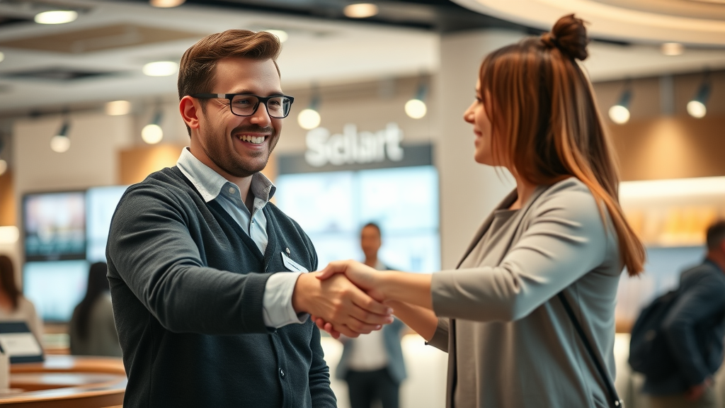 positive customer service interaction human touch staff greeting customer ai tools small business