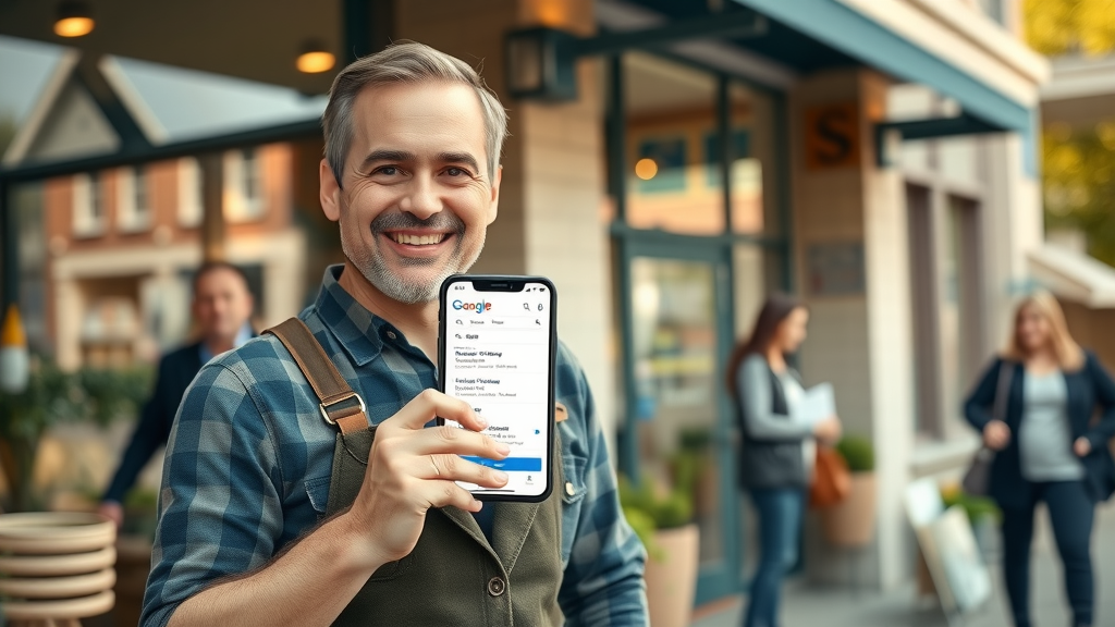 small business owner happy high local search ranking mobile storefront
