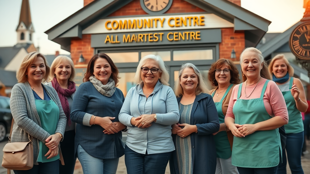 Friendly volunteers at Monmouthshire community centre welcoming visitors near a church spire and market clock.