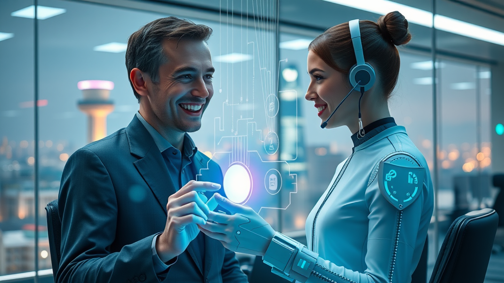 Futuristic contact center with human agent collaborating with holographic AI chatbot for customer support.