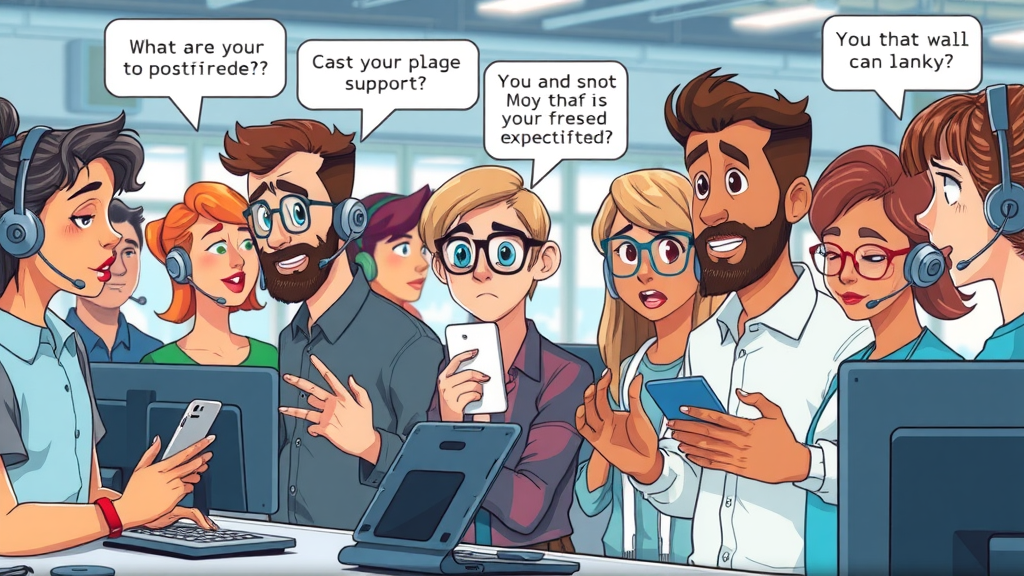 Diverse customers interacting with AI interface at digital support center