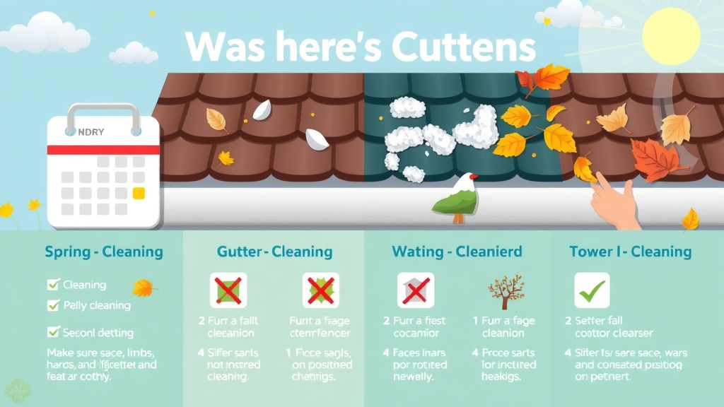 seasonal gutter cleaning checklist, calendar and gutters through spring, fall, and different weather