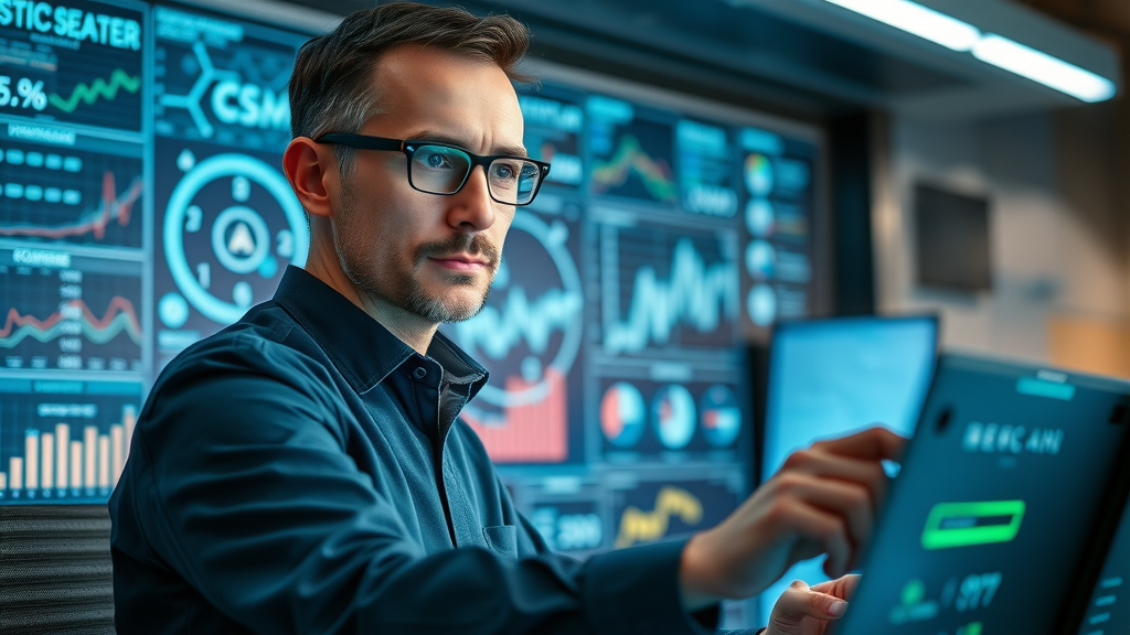 AI call center efficiency: Innovative AI dashboard with operator analyzing system data, control room, HVAC analytics, motion data highlights