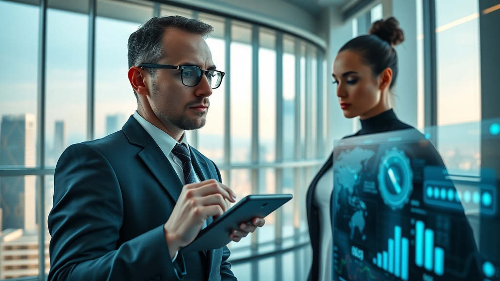 Professionals using AI tools for customer insights in a modern office, interactive dashboards, data visualizations by window with city view.