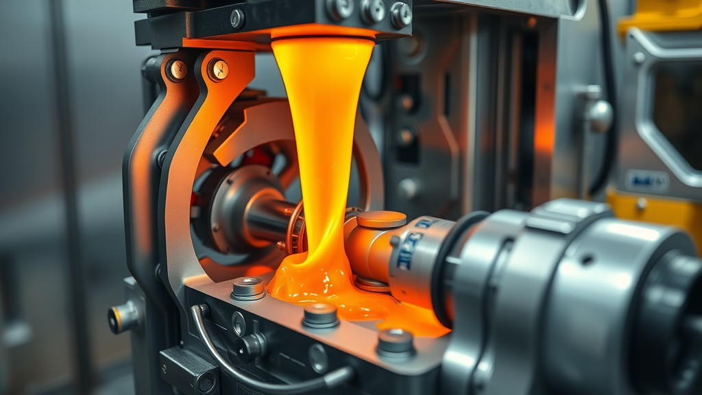Molten plastic entering precision injection molding die in industrial setting