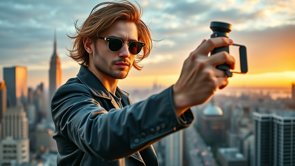 Influencer marketing agency for small tech business in NY - NYC tech influencer recording video on Manhattan rooftop at sunset