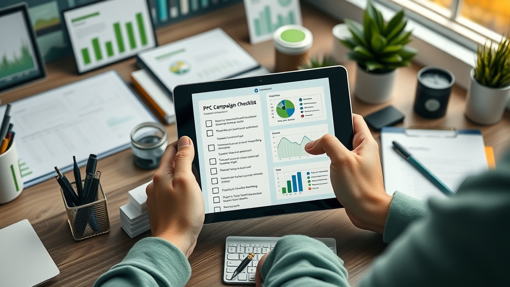 Organized PPC campaign checklist for small tech companies, hands checking items on tablet, startup tech hub, morning light