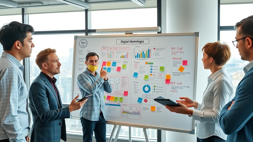 NY-based IT team planning digital marketing strategies on a whiteboard in a spacious tech office with city view