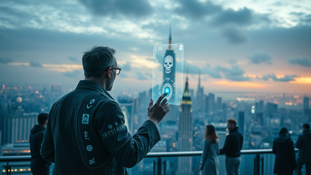 ai future growth potential futuristic city skyline with people interacting with AI holograms, depicting advanced architecture and digital progress
