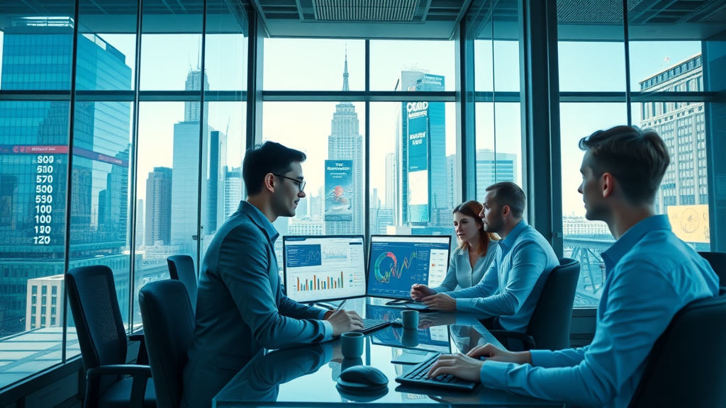Tech professionals collaborating on digital marketing strategies in a modern New York City office, tech business marketing NY, digital marketing agencies, panoramic city-view with digital billboards