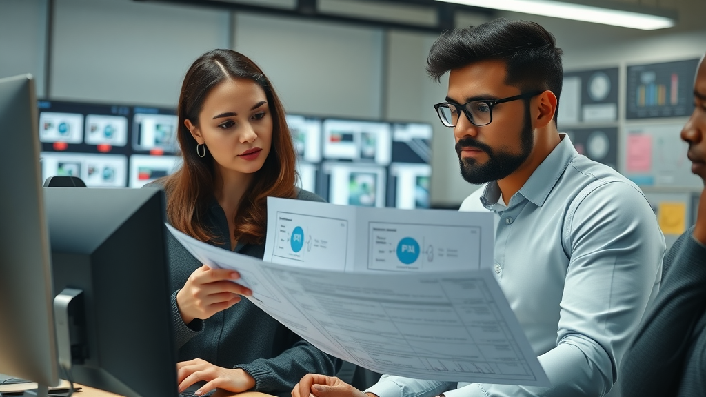 context engineering focused diverse team of engineers reviewing AI algorithm charts, collaborating at modern workstation, digital screens with context flow diagrams