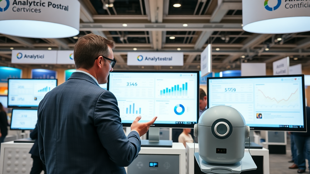 AI chatbot comparison: screens reviewing different customer service chatbot platforms at a tech showcase.
