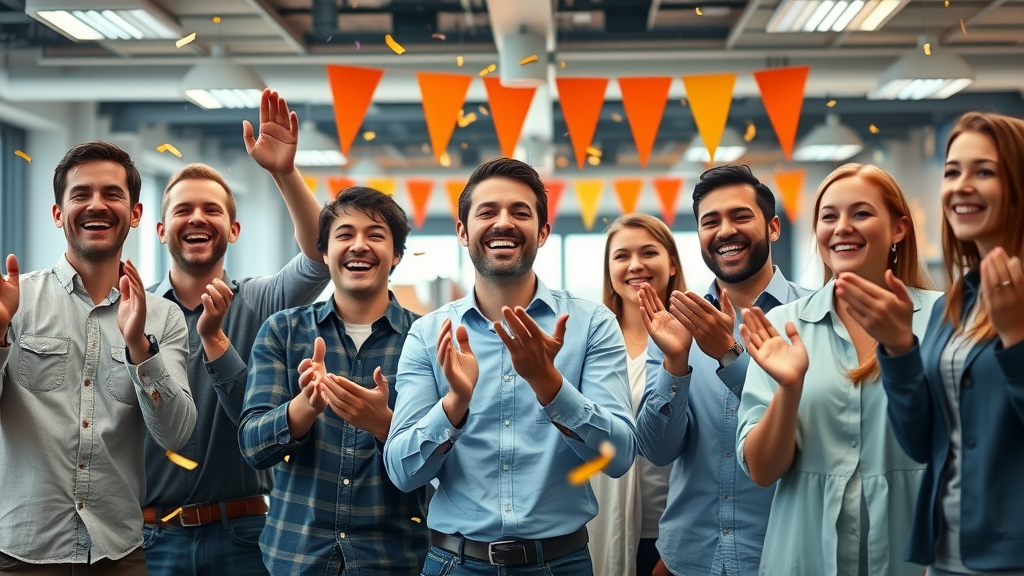 content marketing for tech startups: jubilant team celebrating product launch success in a modern office with confetti and bright lighting