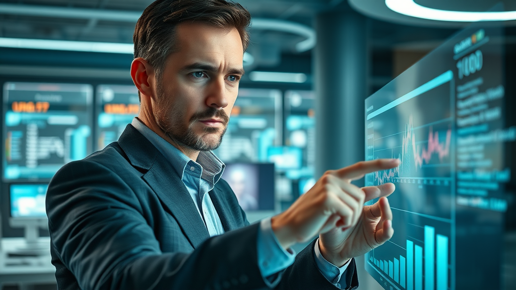 professional analyzing customer behavior data with interactive touchscreens in a tech-forward workspace