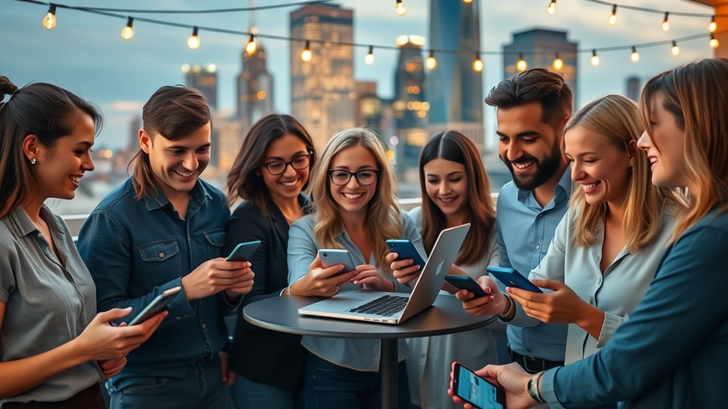 Social media for technology brands - tech professionals at a networking event, connecting via devices on an urban rooftop.