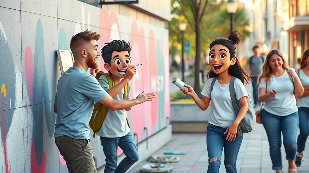 NY tech startup street team creating an interactive guerrilla marketing mural on a city sidewalk