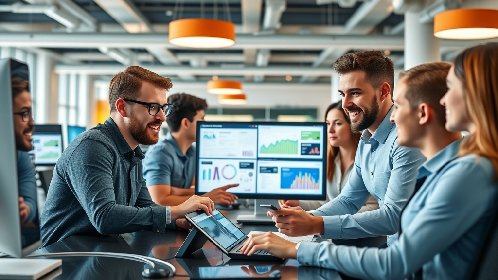 Marketing team analyzing digital marketing dashboards with AI chat interfaces in a modern office