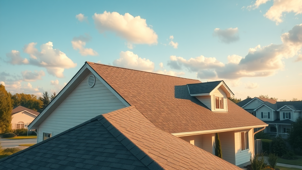well-maintained suburban home roof with clean sturdy shingles, roof maintenance tips, cozy neighborhood, blue sky, natural daylight