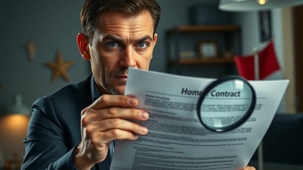 Cautious homeowner closely inspecting a moving contract with a magnifying glass; moving red flags in dimly lit office. Cautious body language, for local moving company warning.