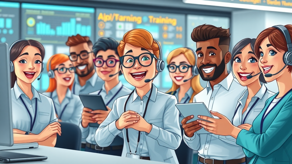 Diverse team of customer service agents training in digital automation tools