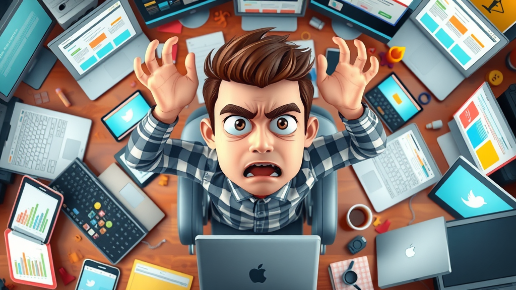 overwhelmed marketer surrounded by multiple devices and open social media accounts, highlighting challenges in managing media accounts for small tech firms