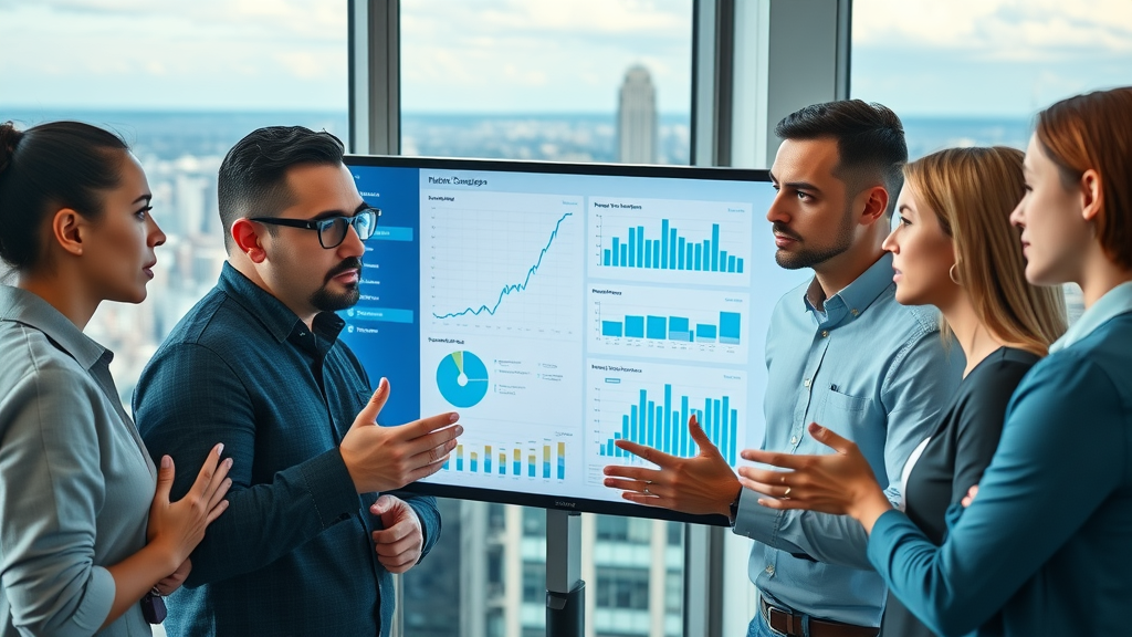 professional marketing team in New York City analyzing digital marketing campaign data for tech startups