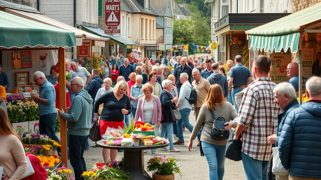 Vibrant street market in Monmouthshire, bustling crowd, cheerful vendors, people buying from local stalls, open-air market in a historic Welsh town square, fresh produce, locals enjoying the atmosphere