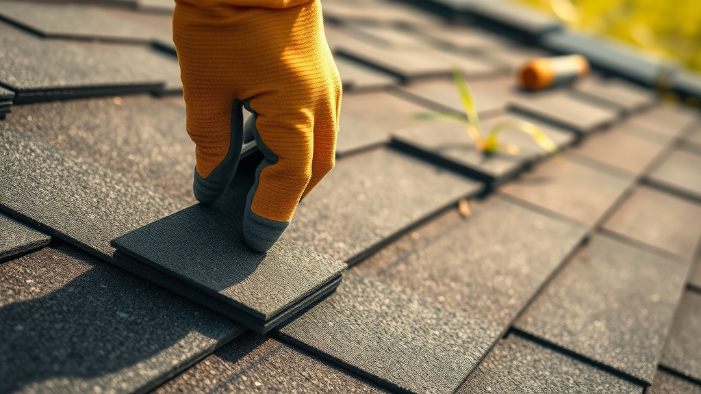Gloved hand performing roofing materials maintenance: inspecting asphalt shingle for damage