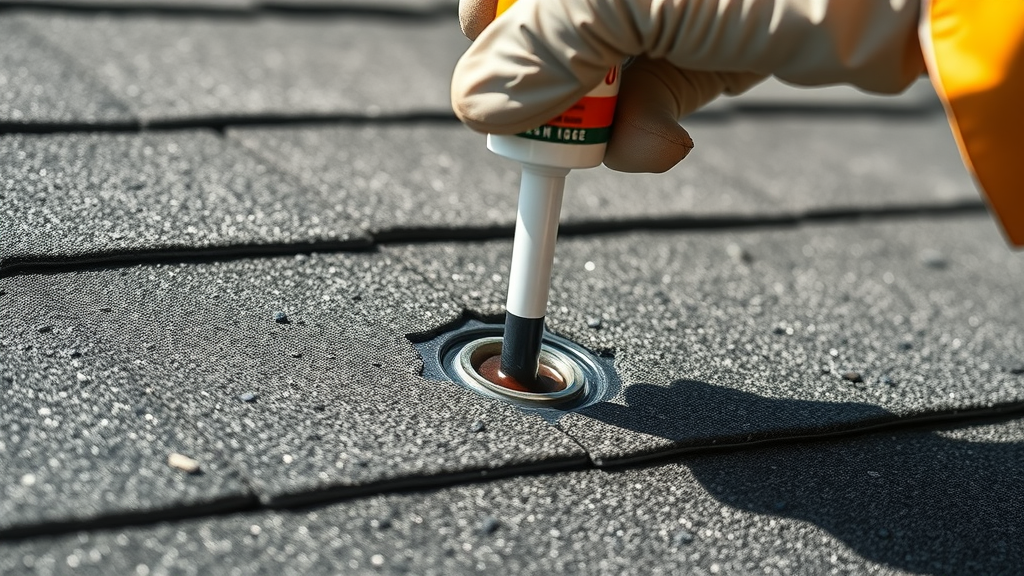 Close-up of small hole in roof being fixed with roof sealant, ensuring long-term water protection