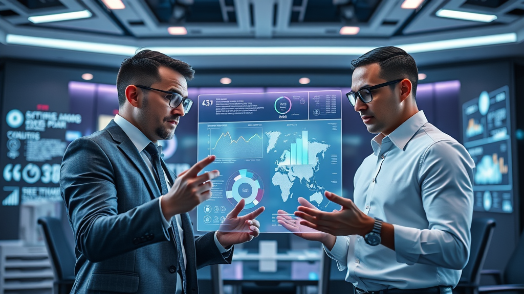 futuristic AI-powered sales team analyzing holographic sales analytics for customer engagement, futuristic sales technology