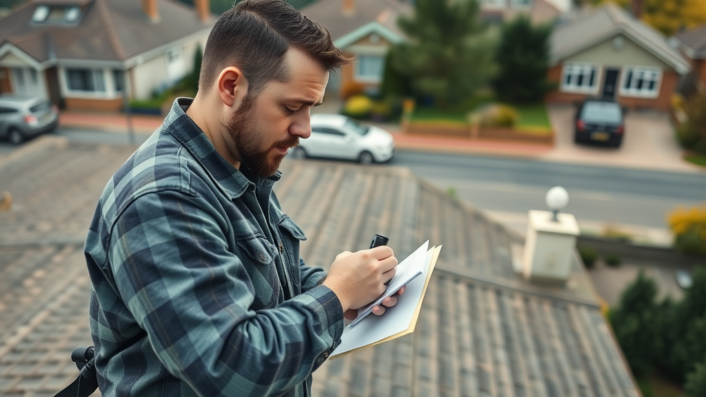 professional roofer conducting a careful inspection pitched residential roof maintenance roof inspection