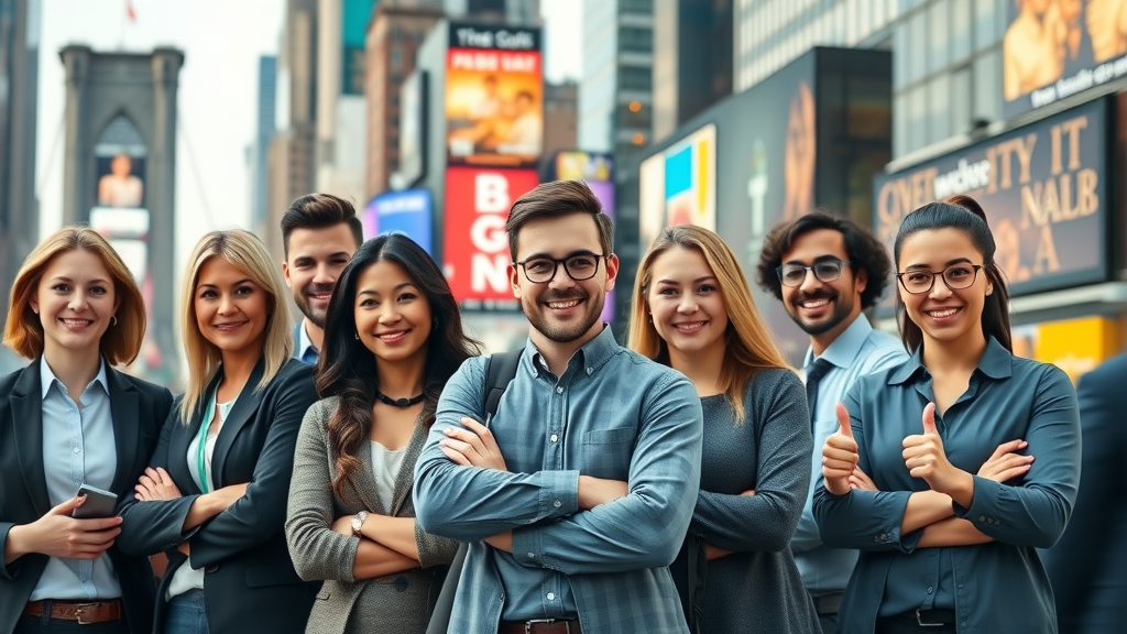 Vibrant lineup of digital marketing agency New York teams, various city backdrops, highly detailed, 85mm camera lens