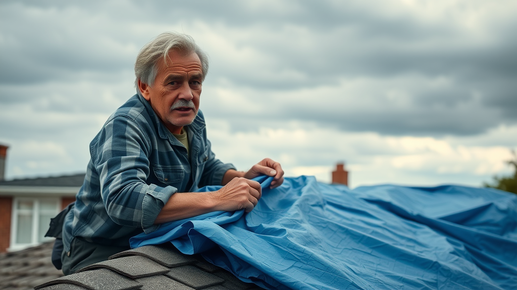 Homeowner applying tarp for temporary roof leak fix, stopping water infiltration