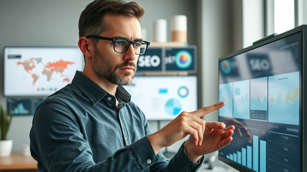 Growth Hacking Techniques for Tech Startups - Professional content strategist reviewing digital analytics dashboard in modern office with SEO infographics