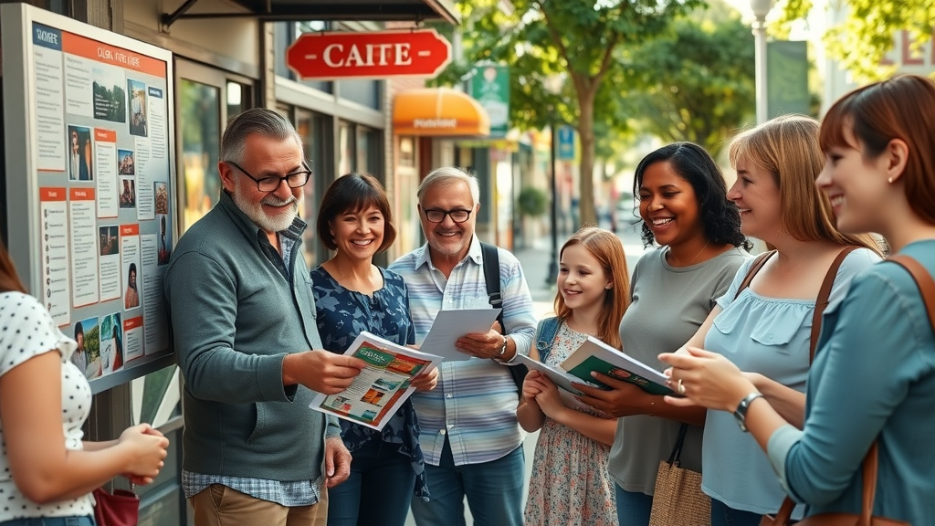A vibrant local neighborhood scene featuring a diverse group smiling and gathered around a cafe bulletin board, discussing local newsletter and neighborhood events. Natural pose, lively street, soft daylight, high fidelity.