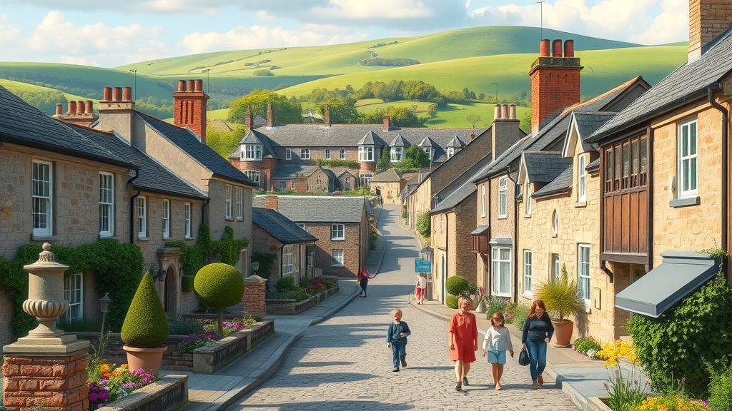 Scenic Monmouthshire townscape, historic streets, families walking, old stone houses and green hills, best places to live in Monmouthshire