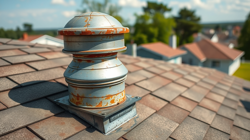 old rusted roof vent showing cracks, condensation, and damage