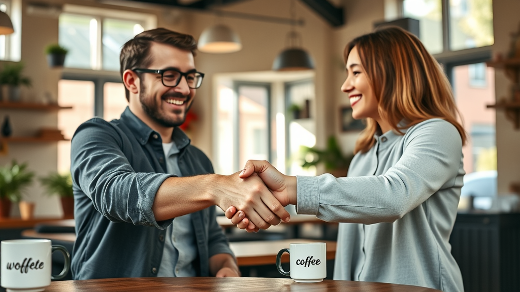 Innovative small business owners shaking hands over a newsletter advertisement deal in a coffee shop, satisfied, supporting local newsletter business model.