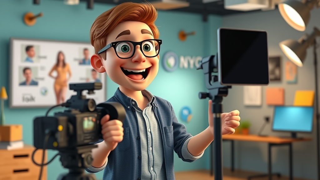 Video marketing idea for small tech business in NY - Startup founder prepares video ad in vibrant NY studio with branded backdrops